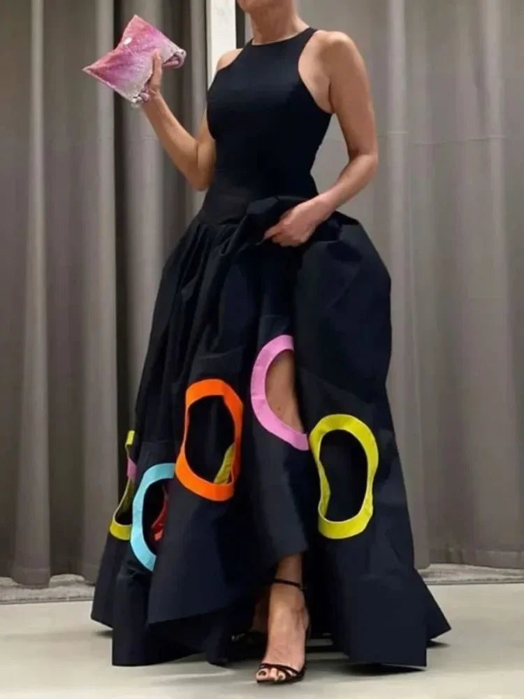 UOOZEE New Summer Women Elegant Party Evening Maxi Dresses Fashion Rainbow Printed Hollow High Waist A-line Long Dress