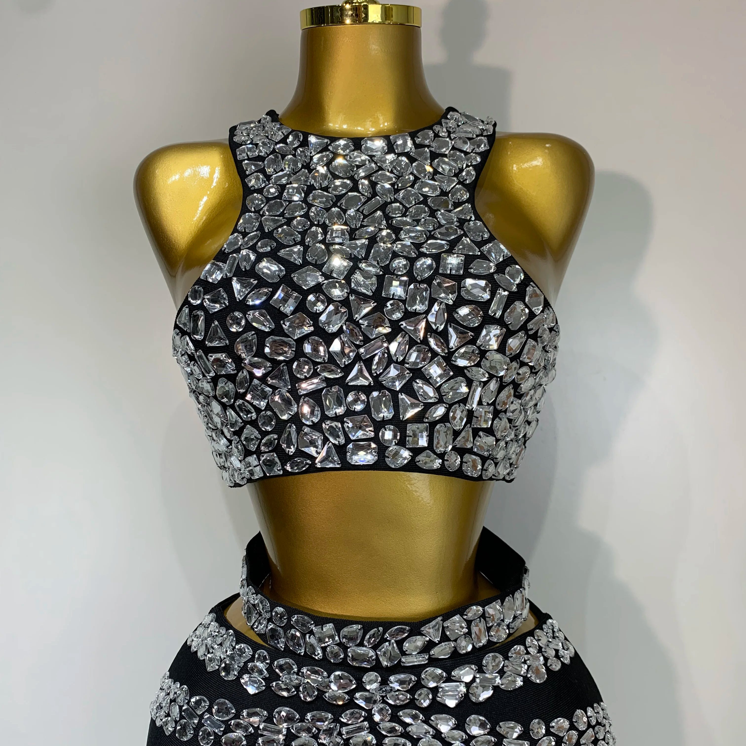 Sparkly Crystal Bodycon Long Bandage Dress 2025 Women Sexy Top Two Pieces Set Nightclub Elegant Party Birthday Stage Costume