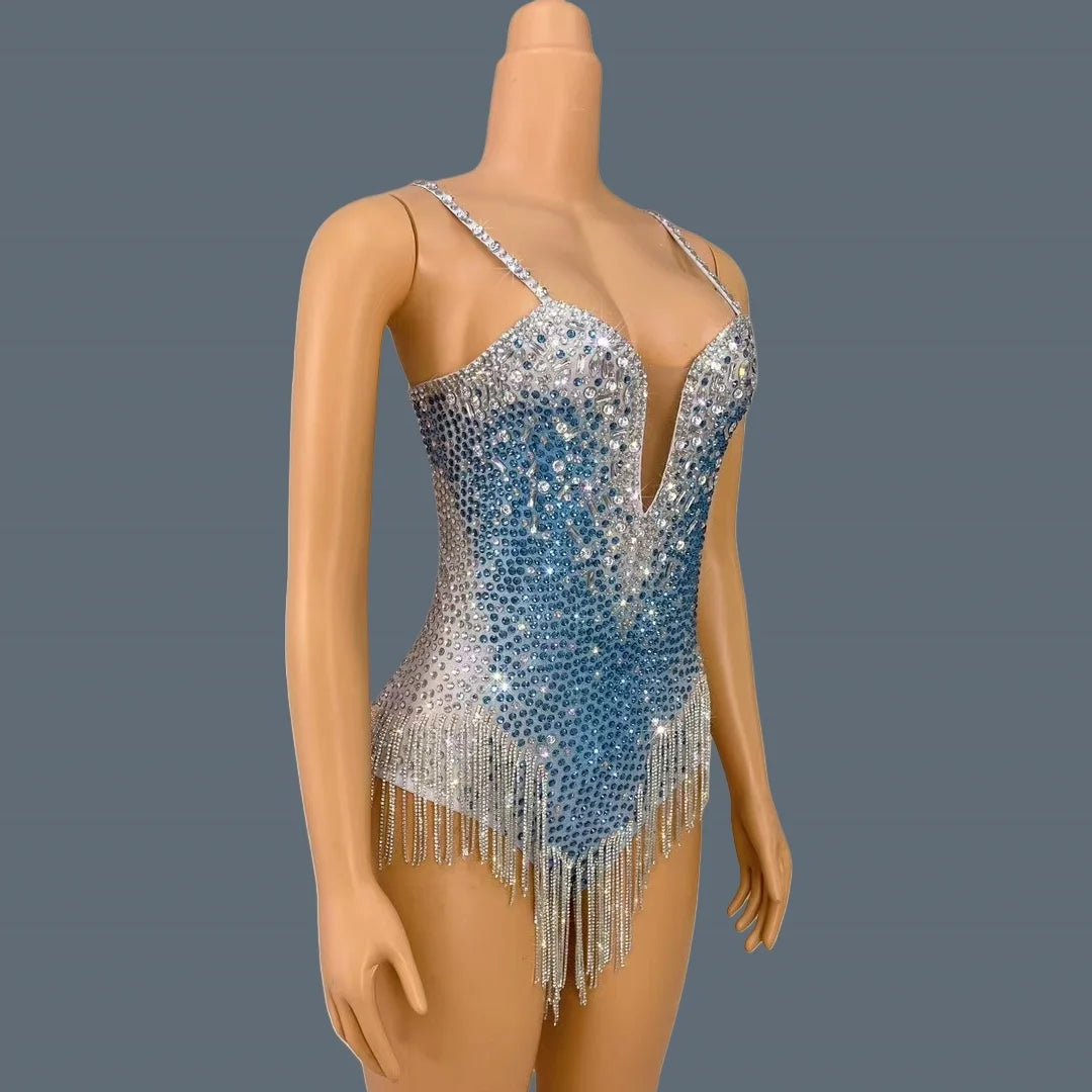 Sparkly Rhinestone Sleeveless Deep V Spandex Bodysuit Nightclub Showgirl Dance Show Crystals Tassel Skinny Bodysuit Bingqilin