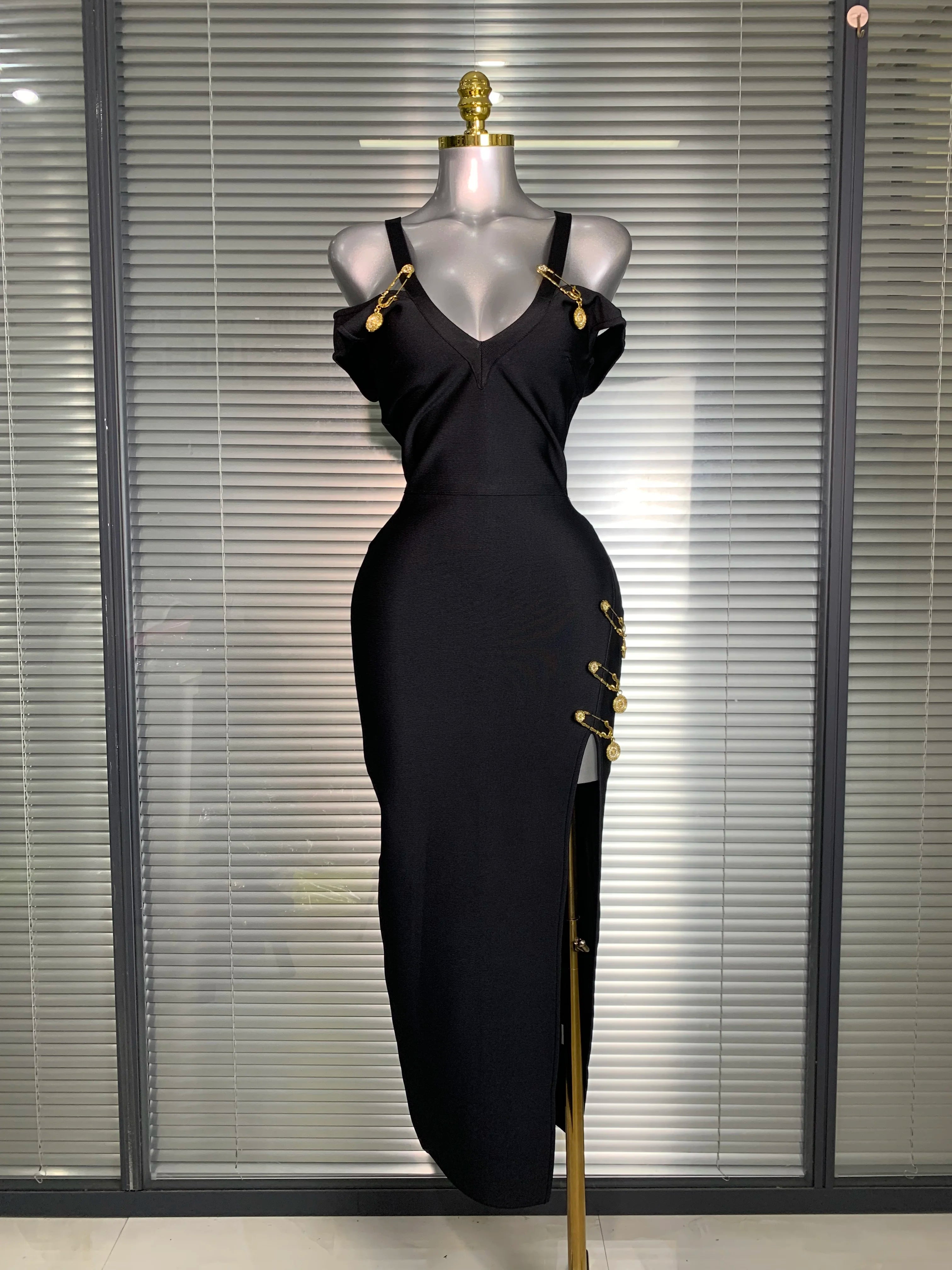 Summer New 2025 Women Sexy Designer Pin Celebrity Black Bandage Dress Split Evening Bodycon Party Dress