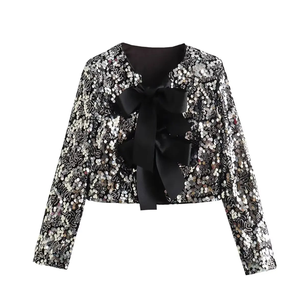 Spring Women's Fashion Black Blouses Long Sleeve With Sequins Bow Cardigans Female Chic Cropped Tops Streetwear silver