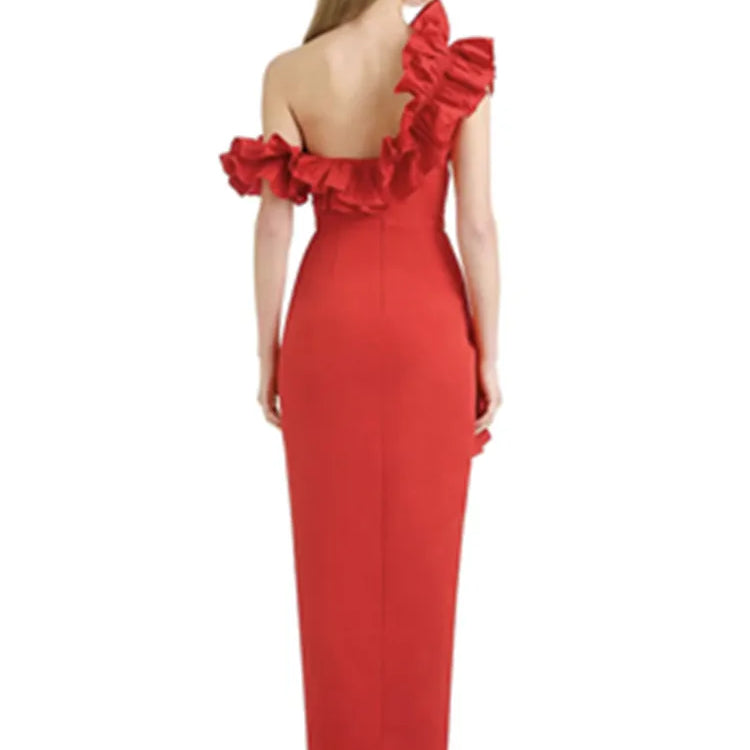 Women Celebrity Sexy Off Shoulder Ruffles Black Red Split Midi  Bodycon Bandage Dress 2024 Elegant Evening Club Party Outfit