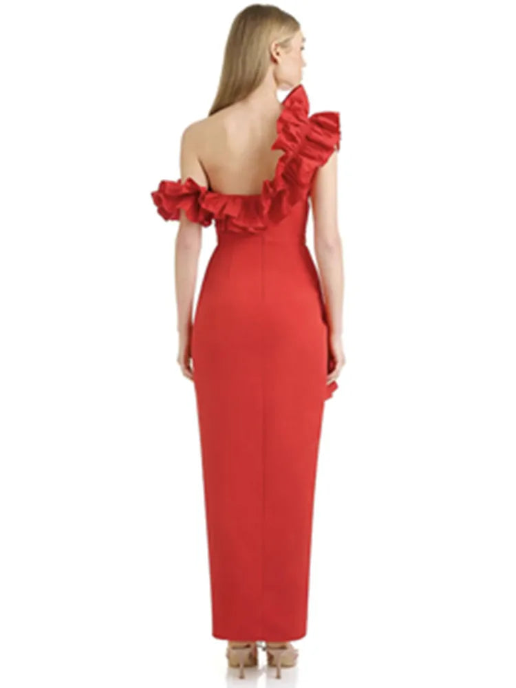 Women Celebrity Sexy Off Shoulder Ruffles Black Red Split Midi  Bodycon Bandage Dress 2024 Elegant Evening Club Party Outfit