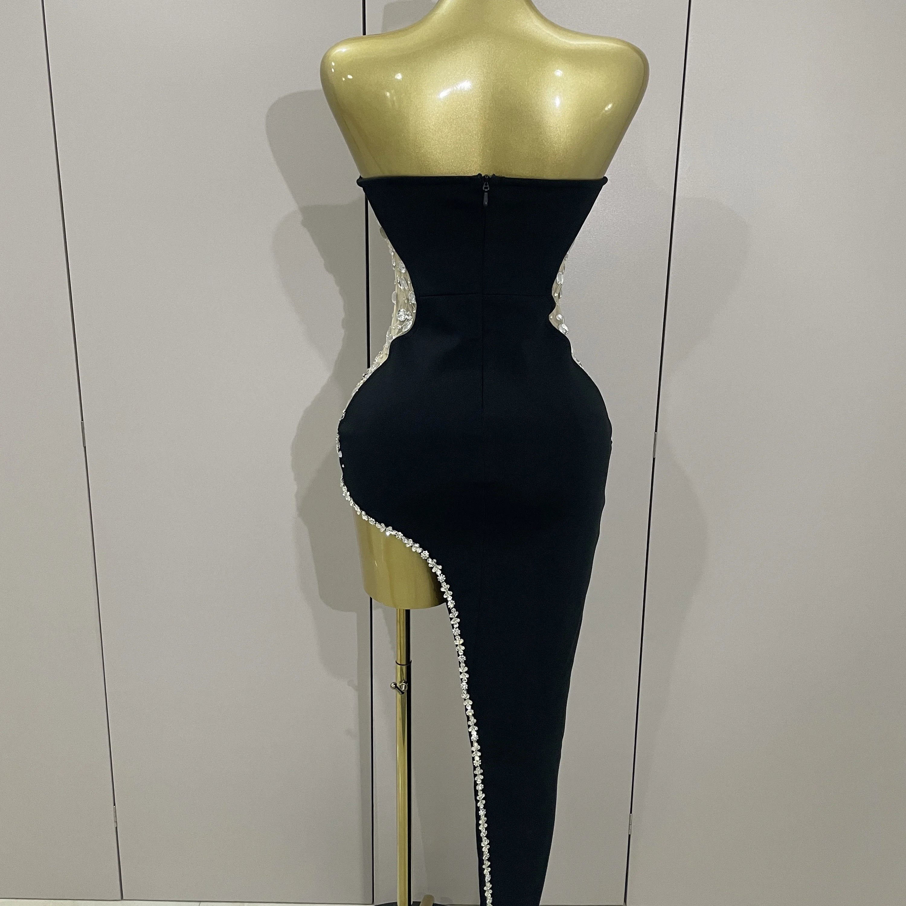 Newest High Quality Sexy Strapless Shinning Rhinestones Bodycon Bandage Long Dress Women Fashion Celebrate Evening Party Vestido
