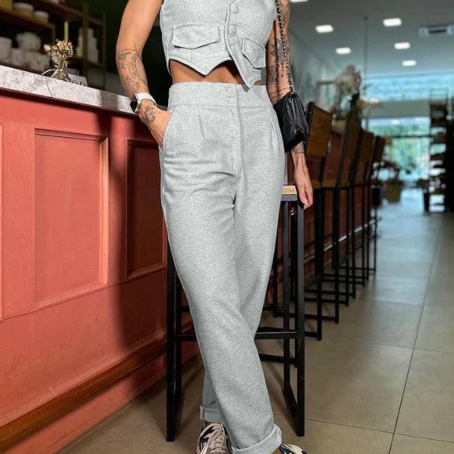 Two Piece Set Women Outfit 2023 Summer Fashion V-Neck Buttoned Sleeveless Vest Top & Casual High Waist Pocket Daily Pants Set