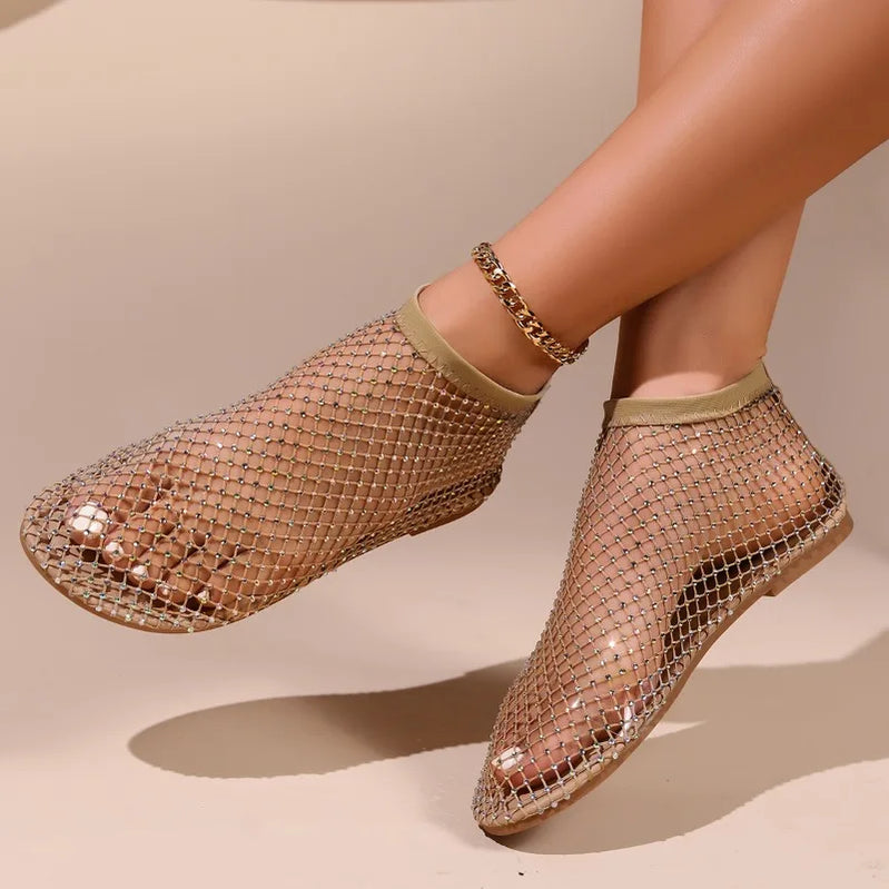 Bottes en maille pour femmes, sandales ajourées à la mode, chaussures de sport décontractées avec strass, confortables, élégantes, Style ethnique 