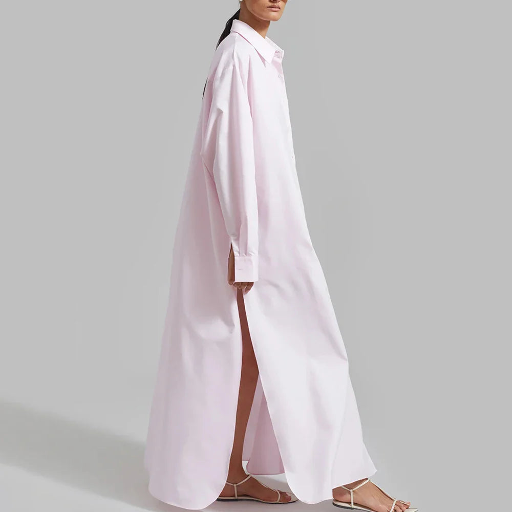 Solid Minimalist Split Dresses For Women Lapel Long Sleeve High Waist Patchwork Single Breasted Loose Dress Female