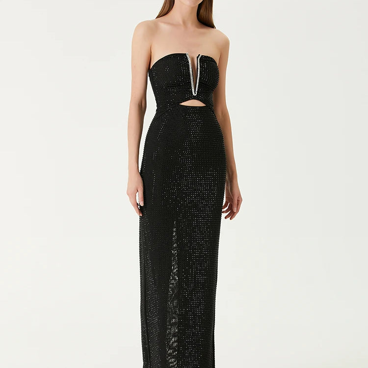 VC Strapless V Neck Sparkling Diamonds Bandage Long Dress Women Black Sleeveless Backless Shiny Bodycon Celebrity Evening Gowns
