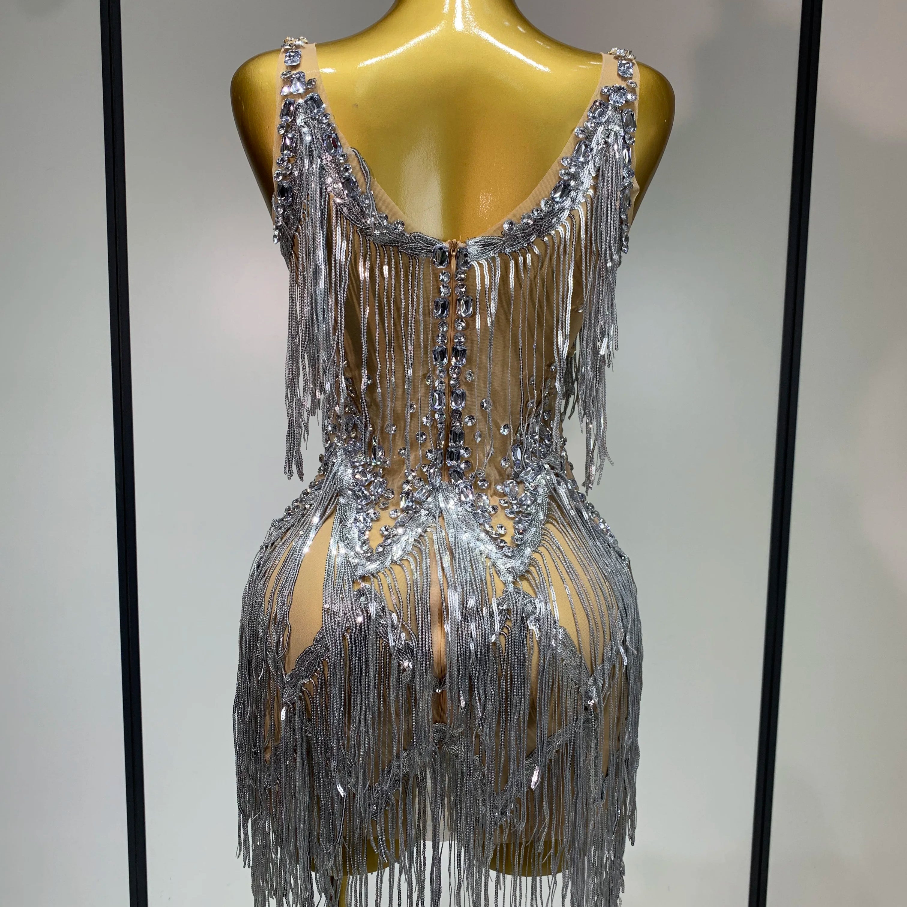 Sparkly Rhinestone Tassels Sexy Mesh See Through Dress 2025 Women Evening Party Luxury Birthday Nightclub Perform Stage Costume