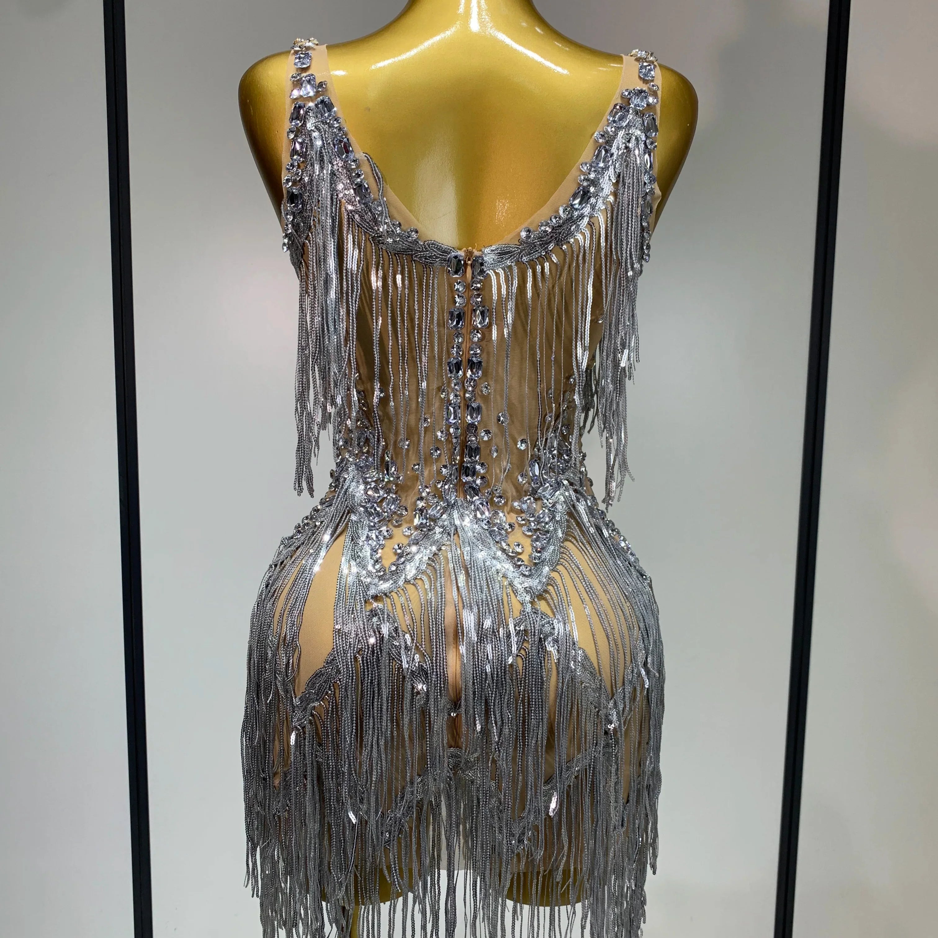 Sparkly Rhinestone Tassels Sexy Mesh See Through Dress  Women Evening Party Luxury Birthday Nightclub Perform Stage Costume