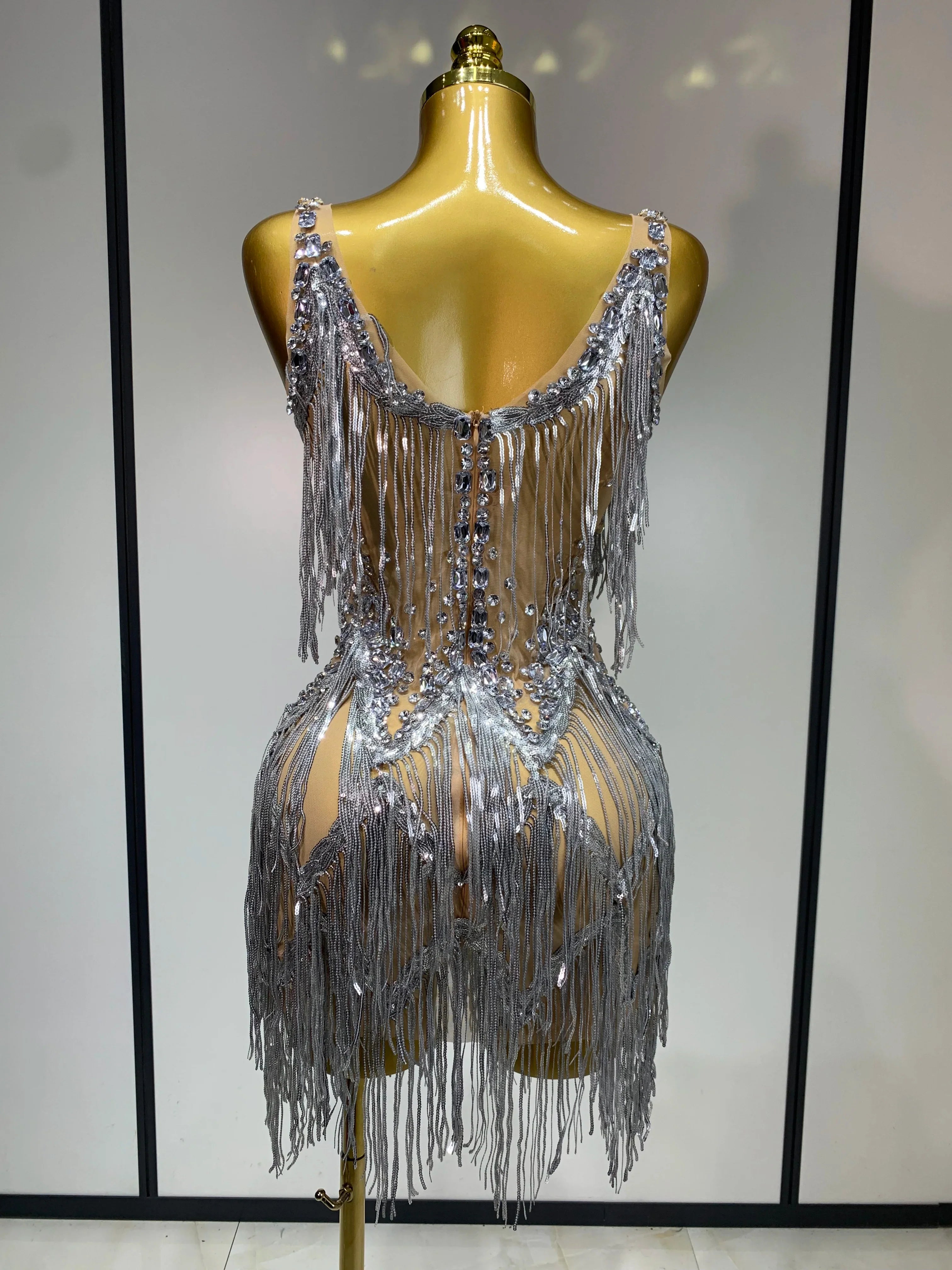 Sparkly Rhinestone Tassels Sexy Mesh See Through Dress  Women Evening Party Luxury Birthday Nightclub Perform Stage Costume