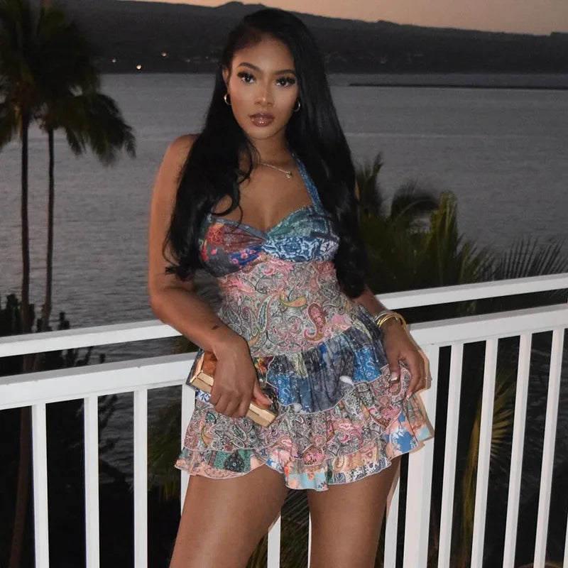 CM.YAYA Women Halter Sleeveless Strapless Ruffles tiered Mini Dress 2025 Summer Holiday Sexy Beach Party Birthday Street Dresses