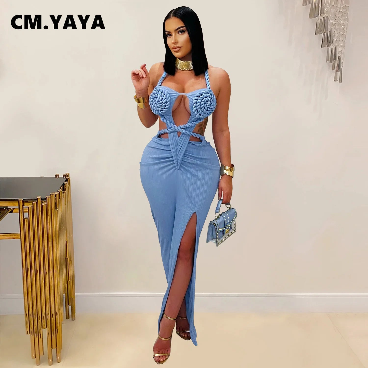 CM.YAYA Women Hemp Rope Halter Neck Stacked Ruched High Split Knit Bodycon Midi Maxi Long Dress 2025 Birthday Sexy Party Dresses
