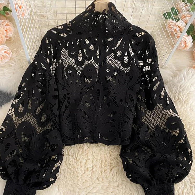 Sexy Lace Hollow Out Short Blouse Casual Lantern Long Sleeve Stand Collar Shirts Female Elegant Red/Pink/White Loose Tops