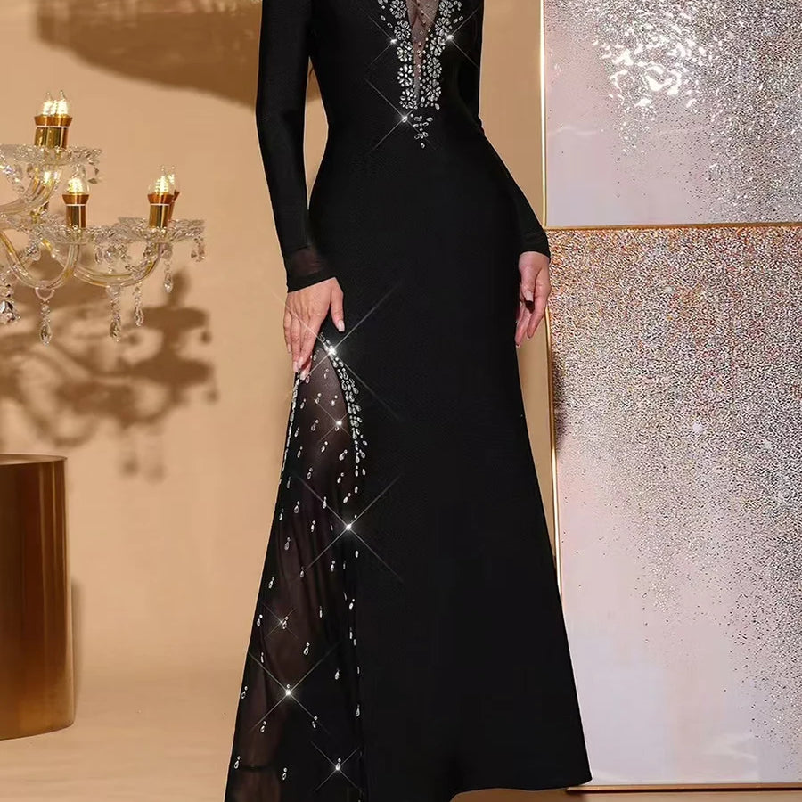 TWOTWINSTYLE Solid Slimming Spliced Diamonds Dresses for Women Round Neck Long Sleeves Patchwork Mesh Dress Female Clothing New