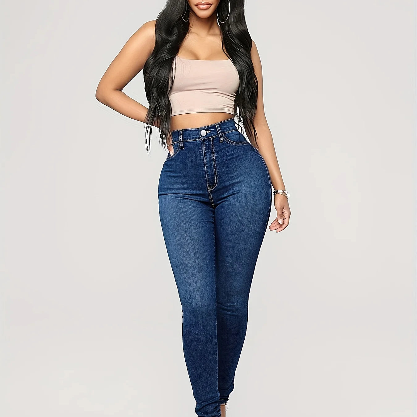 Plain High Waist Skinny Jeans, High Rise Slim Fit Slash Pockets Casual Denim Pants, Women's Denim Jeans & Clothing