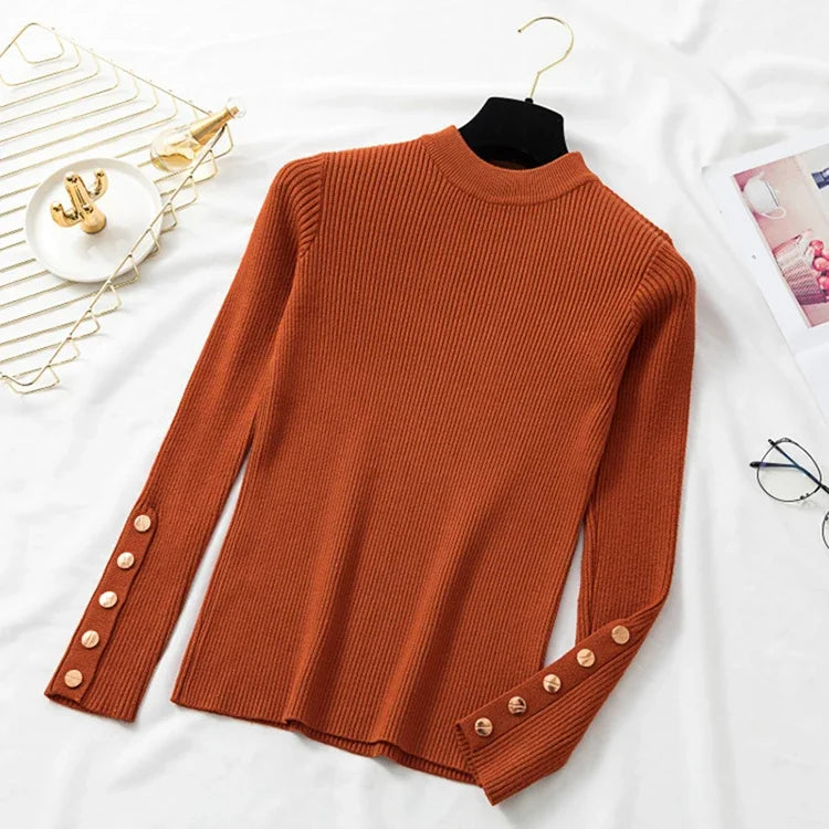 Casual Autumn Winter Women Thick Sweater Pullovers Button Long Sleeve O-neck chic Sweater Female Slim Knitted Soft Jumper Tops Caramel One Size