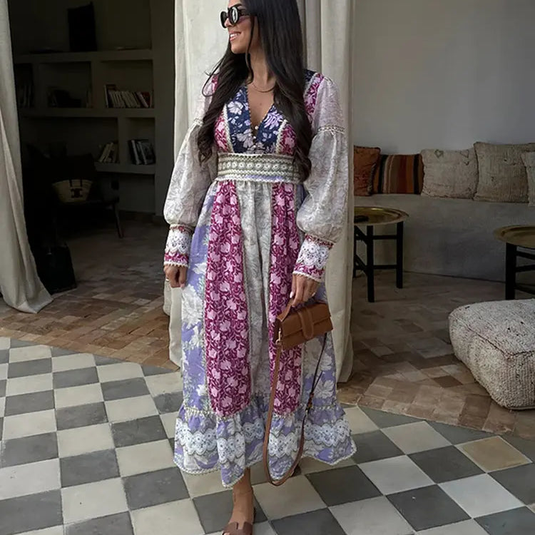 Fashion Patchwork Print Maxi Dress Women Long Sleeve V Neck High Waist Vestidos Female Vacation Party Club Robes