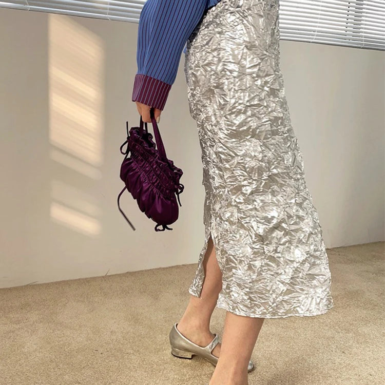 Texture Long Silver Skirt For Women 2024 Summer Metallic High Fashion A Line Glitter Slit Midi Skirt Designer Clothes