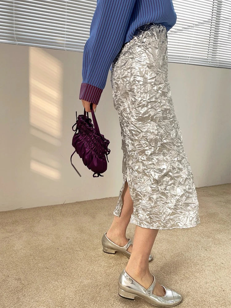 Texture Long Silver Skirt For Women 2024 Summer Metallic High Fashion A Line Glitter Slit Midi Skirt Designer Clothes