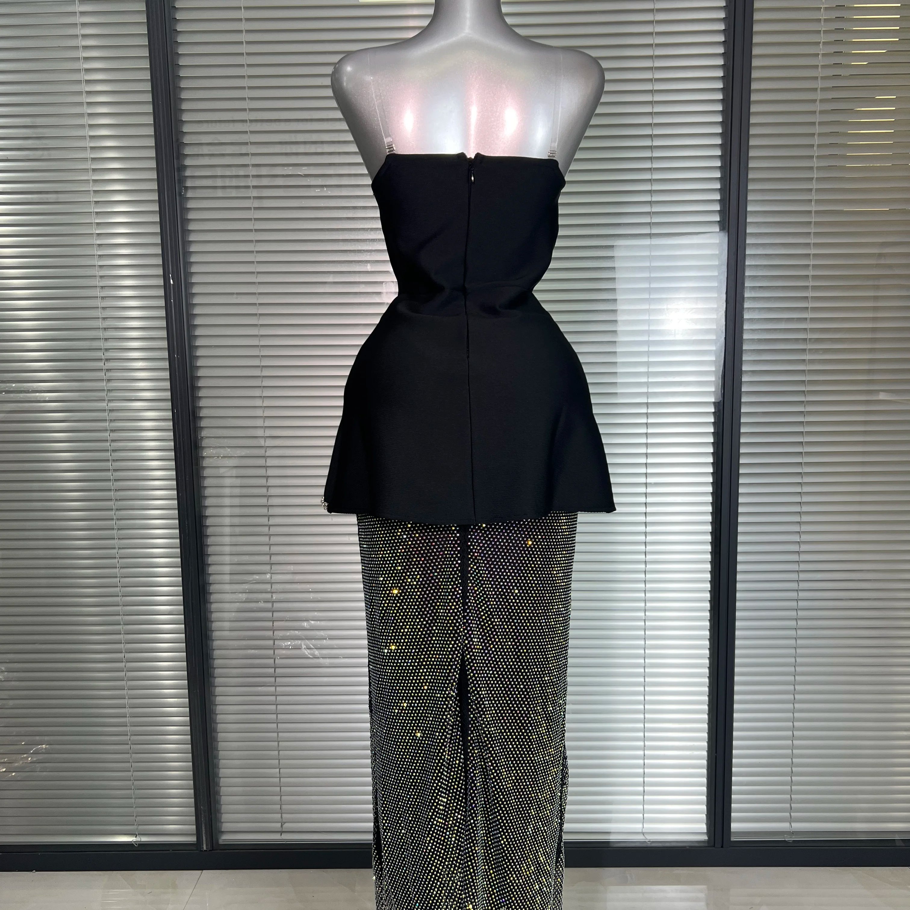 Summer New 2025 Women Sexy Strapless Crystal Bandage Two Piece Set Celebrity Sparkly Evening Party Skirt Suits