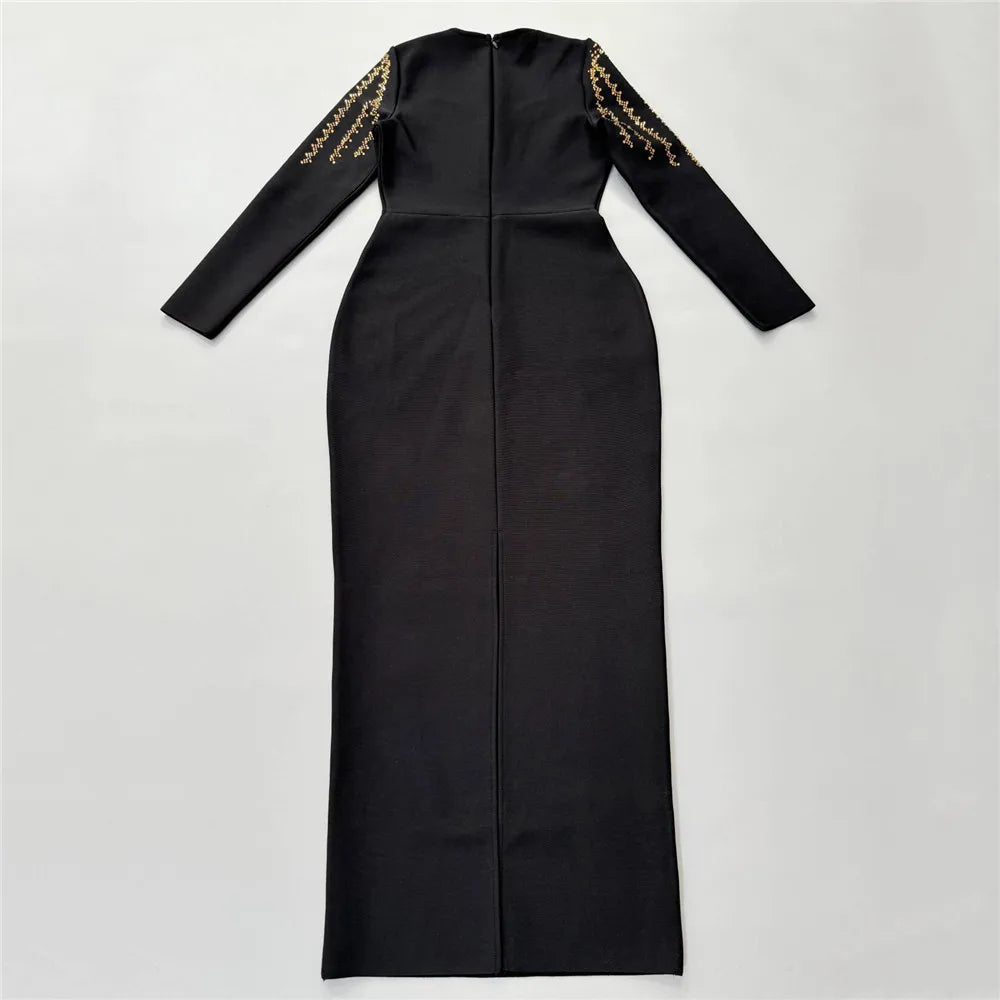 Women Long Sleeve Sexy Shinning Golden Rhinestones Bodycon Long Bandage Dress Celebrate Nightclub Party Outfit