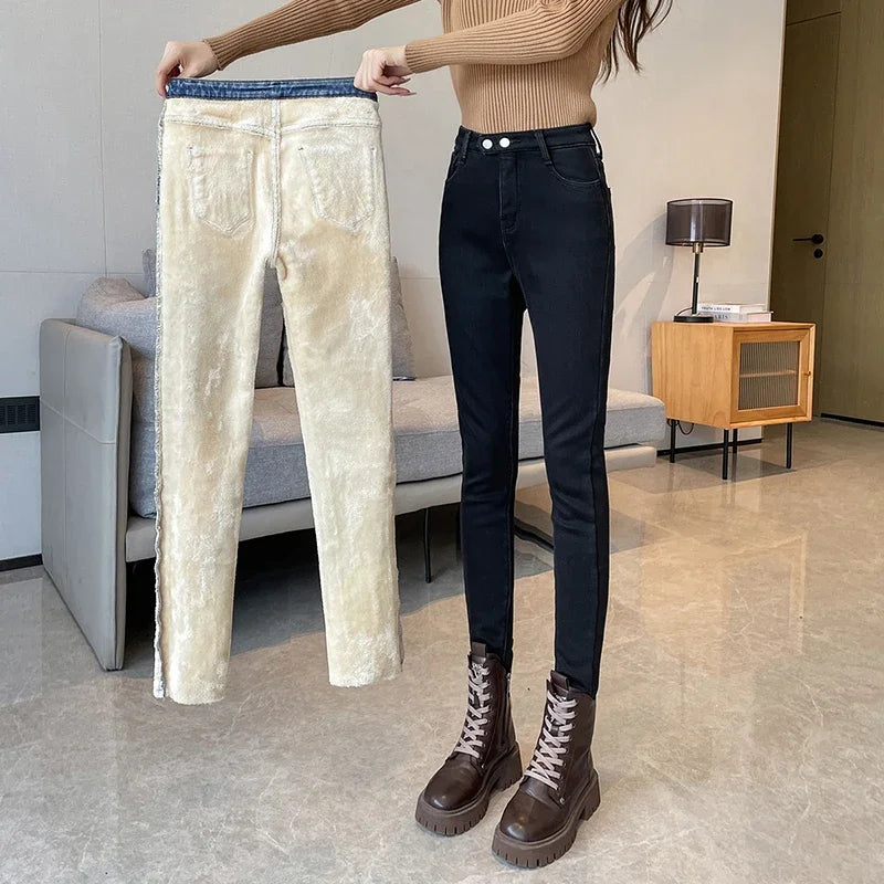 Autumn Winter Warm Fleece Women Jeans Elegant Skinny Stretch High Waist Fashion Mom Denim Pant Office Lady Slim Trousers Black