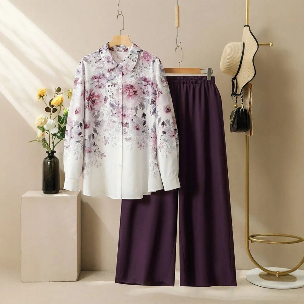 Plus Size Rafiah Women's Sets Summer Casual Decent Full Print Long Sleeve Single Breasted Natural Waist Ankle Daily Sets