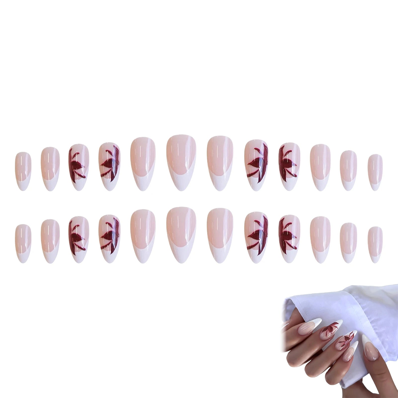 24Pcs White French Fake Nails Nude Color Almond Press On Nails Red Flower Printed Women Reusable False Nails DIY Manicure