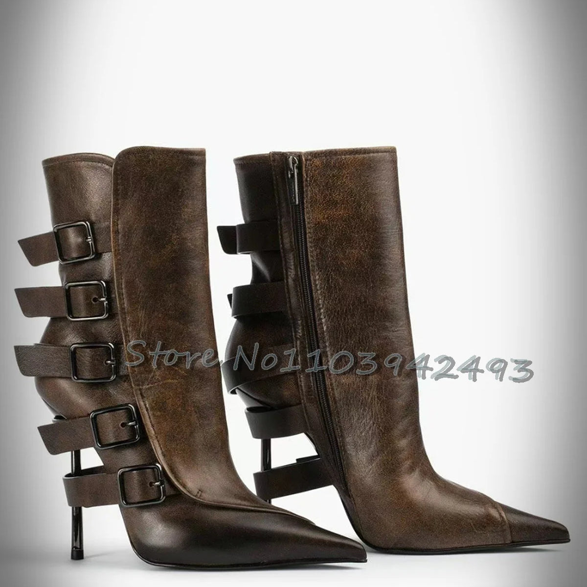 Stylish Brown Strappy Boots Pointed Toe High Heels Mid-calf Chunky Heel Fashion Women's Shoes Black Chic Buckle Outer 2025 New