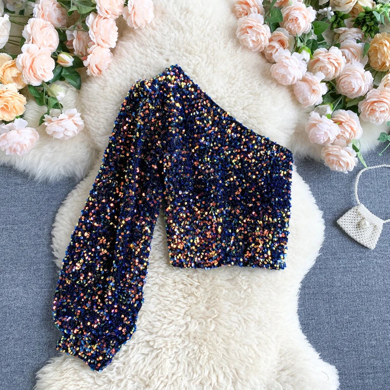 Fall 2024 Oblique Collar T-shirt Strapless Unilateral Puff Sleeve Slim Fit Short Sequined Top blue One Size