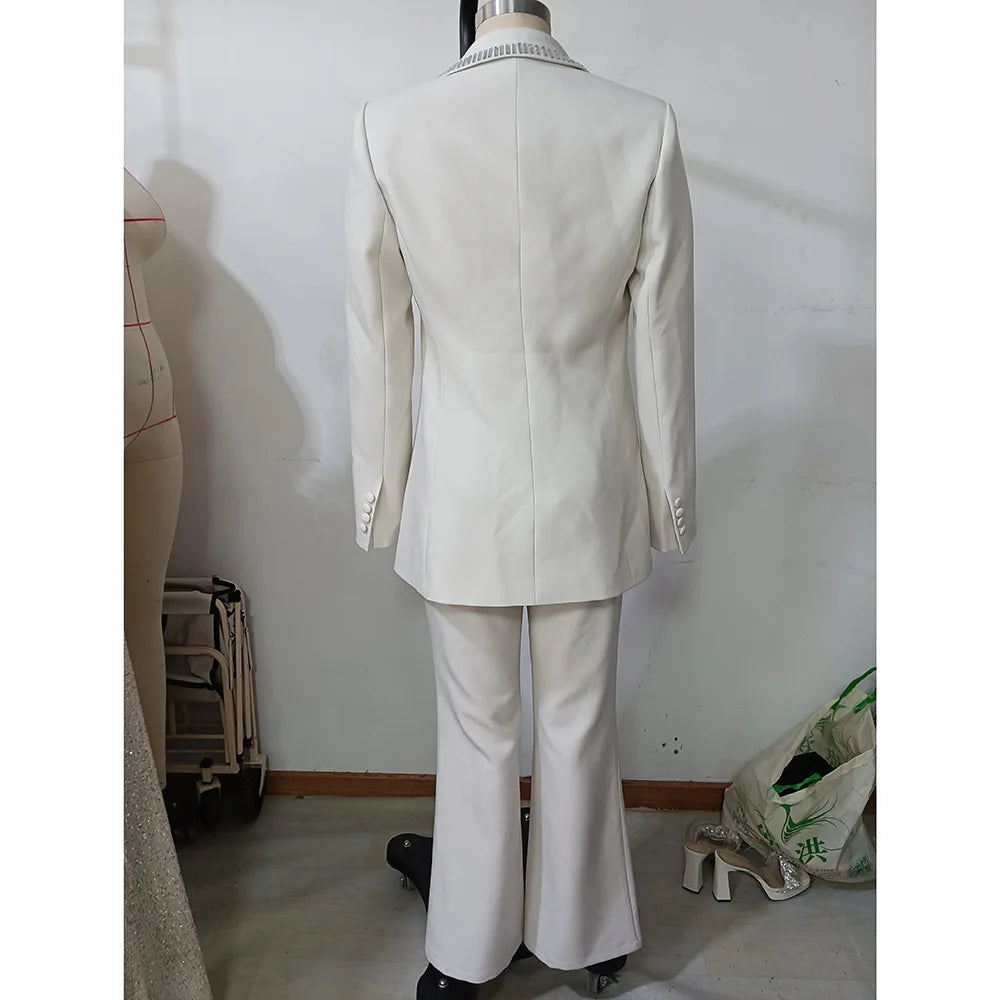 TWOTWINSTYLE Solid Hollow Out Elegant Two Piece Sets for Women Lapel Long Sleeves Spliced Hot Fix Top High Waist Pant Set Female