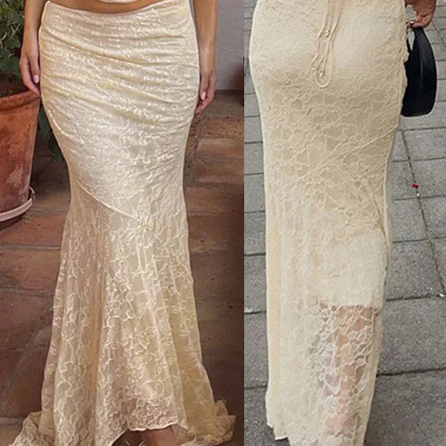 Women Lace Fishtail Skirt Casual for Beach Vacation See Through Mid-Waisted Maxi Skirts Women  Autumn Spring