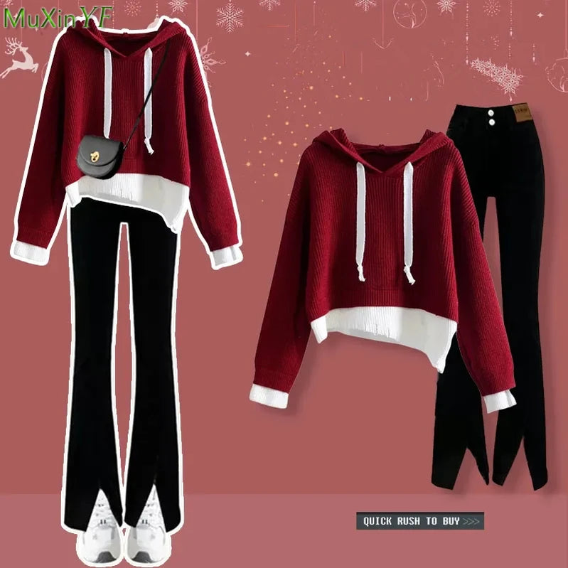 Herbst Winter Lucky Red Pullover Flare Hosen 1 oder zweiteils Set Korean 2023 Neue Dame Loose Strick Pullovers Schwarze Hosen Outfits