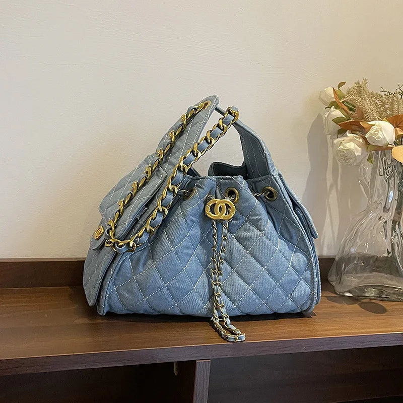 Fashion Quilted Bucket Bag for Women - Simple Chain Crossbody Shoulder Bag, Daily Use Leather Purse