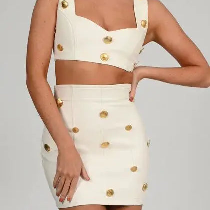 2023 New Summer Beige Color Golden Buttons Short Tank Top And Mini Skirt Set 2 Pieces Hotsweet Woman Evening Party Outfit