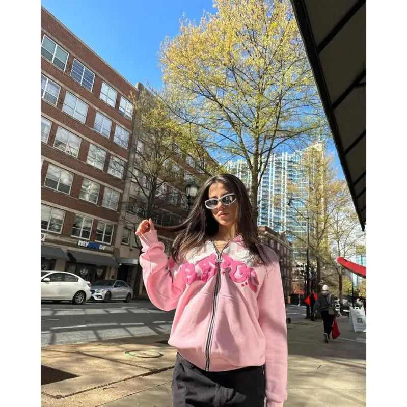 New Halloween Street Plus Loose Pink Printed Zipper Hoodie Hip Hop Fashion Friends Party Dress Y2K Clothes