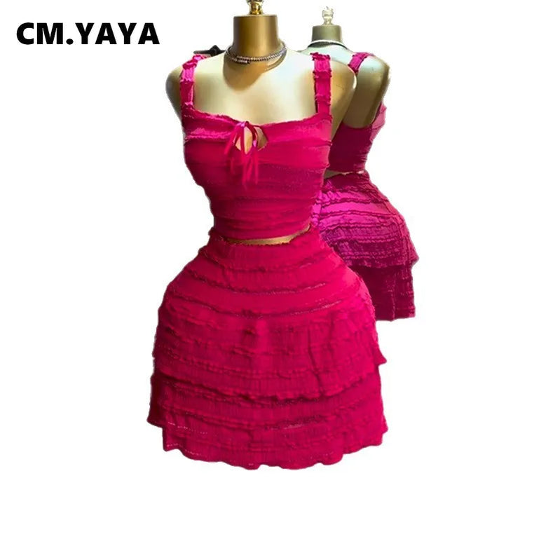 CM.YAYA Beach Boho Women's Set Strap Sleeveless Tank Top and Ruched Mini A-line Skirts Two 2 Piece Sets 2025 Summer Outfits