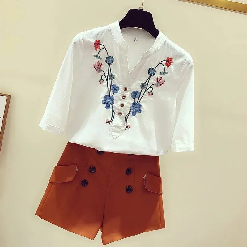 Loose Cotton Blouses for Women, White Tops and Blouses, Elegant Embroidery V-Neck Shirts, New Summer Clothes, 3140 50