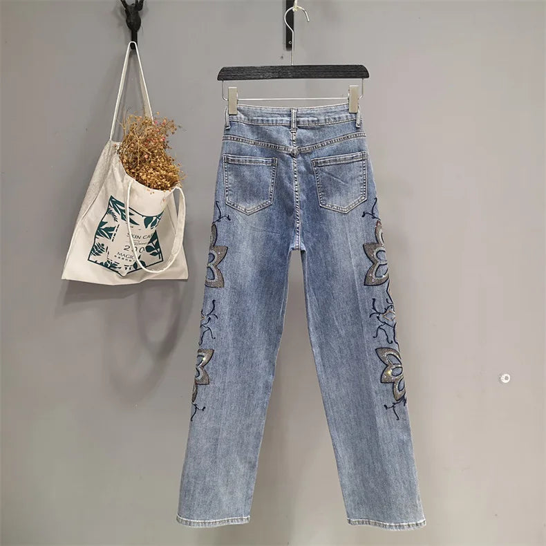 Summer Hollow Lace Jeans Women Panel Diamond Butterfly Feet Slim Fit Embroidered Long Pants Loose Hip Wrap Vintage Stretch 2024 Ivory