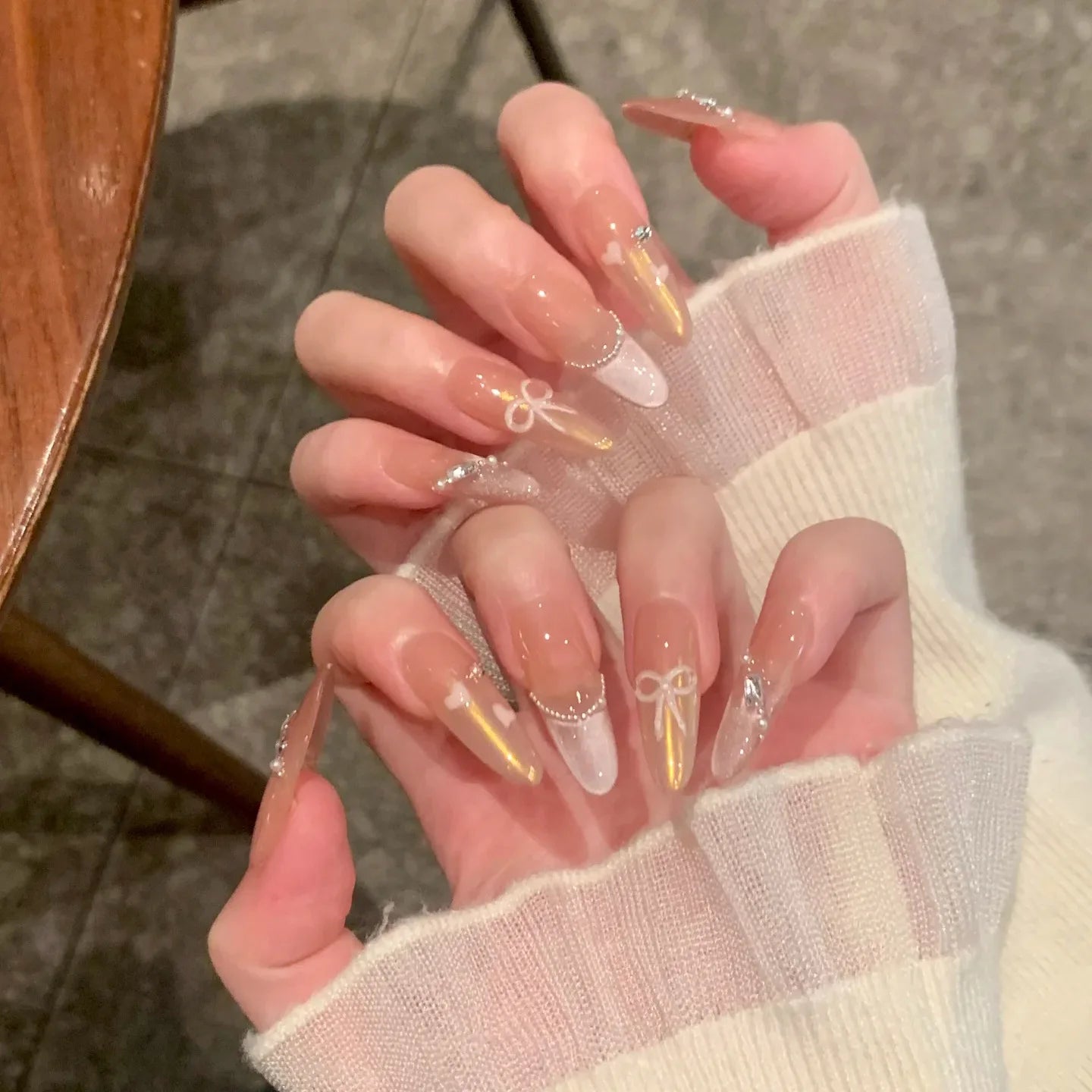 24Pcs French False Nails With Purple Edge  Almond Bow Flower Design Detachable Acrylic Fake Nails Long Stiletto Press On Nails