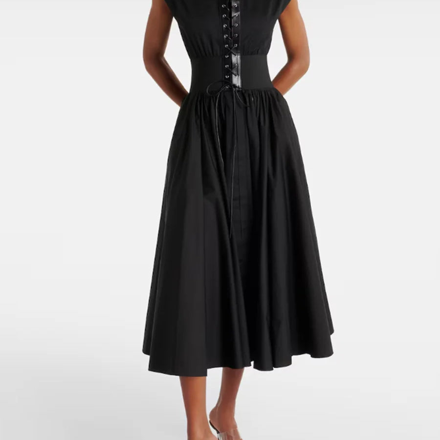 TWOTWINSTYLE Solid Slimming Spliced Lace Up Elegant Dresses for Women Round Neck Sleeveless Patchwork Folds Dress Female Fashion