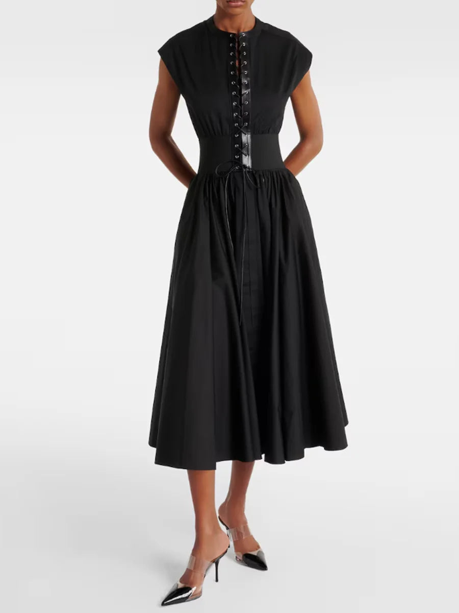 TWOTWINSTYLE Solid Slimming Spliced Lace Up Elegant Dresses for Women Round Neck Sleeveless Patchwork Folds Dress Female Fashion