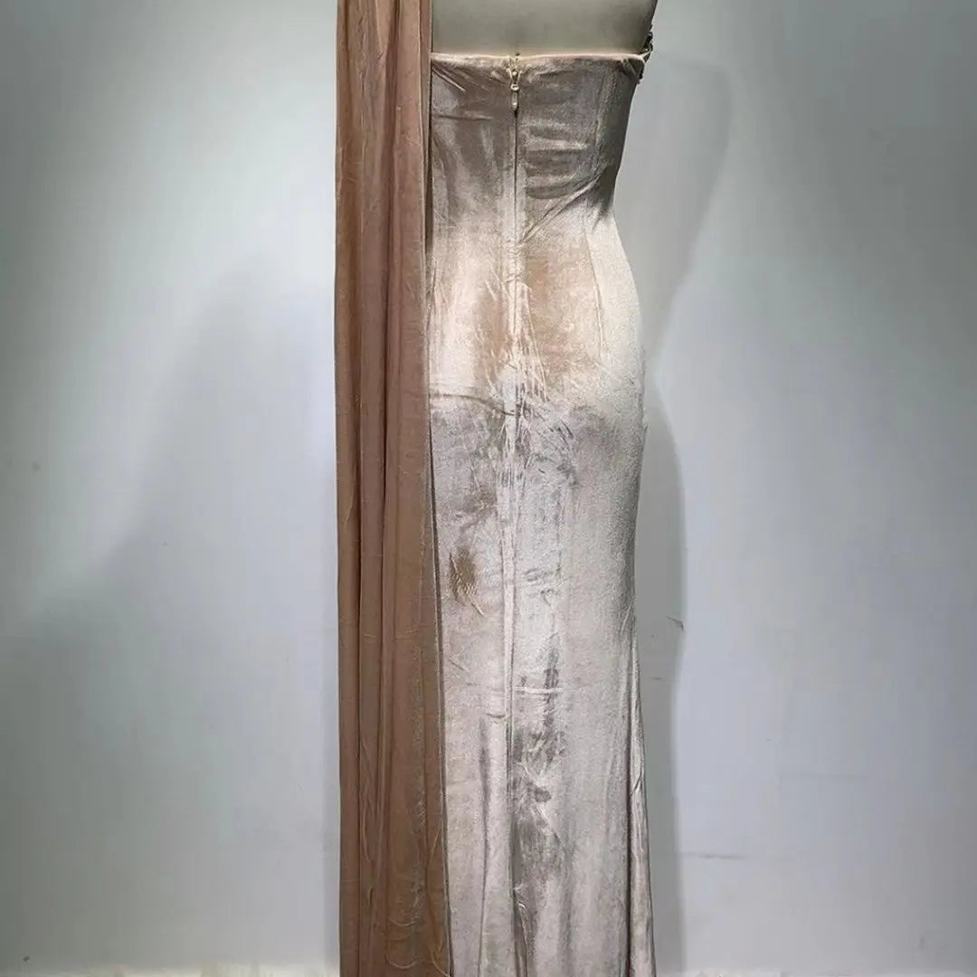 Luxury Diammonds High Slit One Shoulder Long Ribbon Velvet Strapless Floor Length Dress Celebrity Party Dress Birthday Vestido