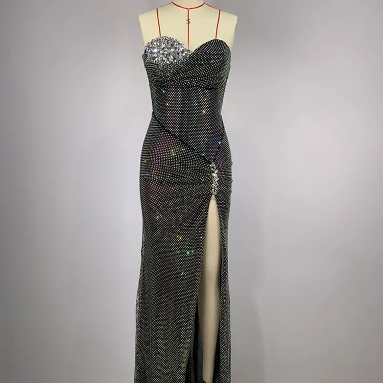 Women Summer Sexy Strapless Crystal Sparkly Diamonds Black Maxi Long Dress 2024 Elegant Party Evening Stage Performance Vestido