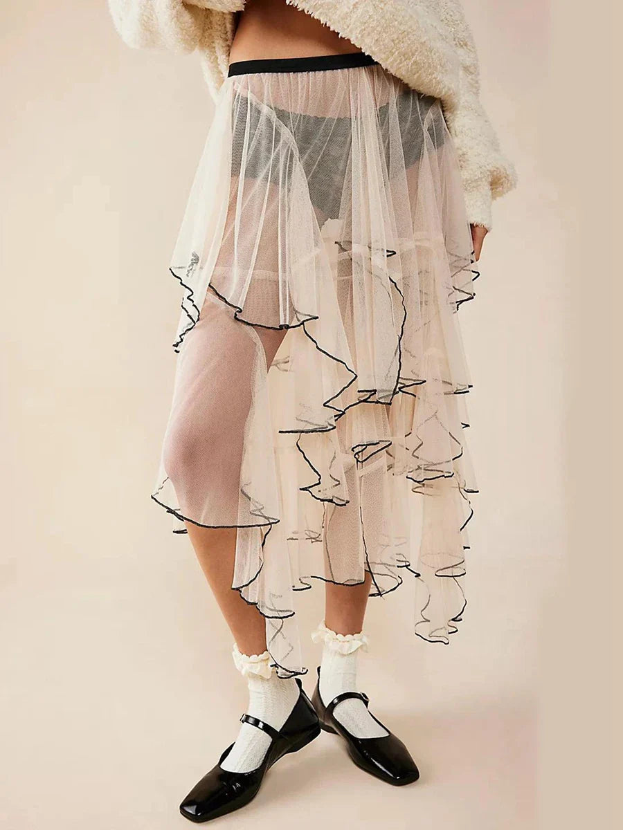 Women Lace Long Skirt Mesh Sheer High Waist Asymmetrical Hem A-line Midi Skirt Y2K Summer Beach Party Maxi Skirts Streetwear