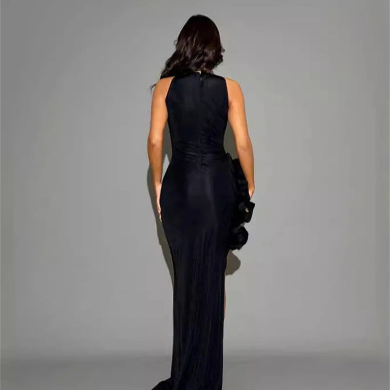 Stereoscopic Flowers Buttons Sexy High slit Ankle Sleeveless Lenght Bandage Dress Woman Evening Party Dress Party Vestido