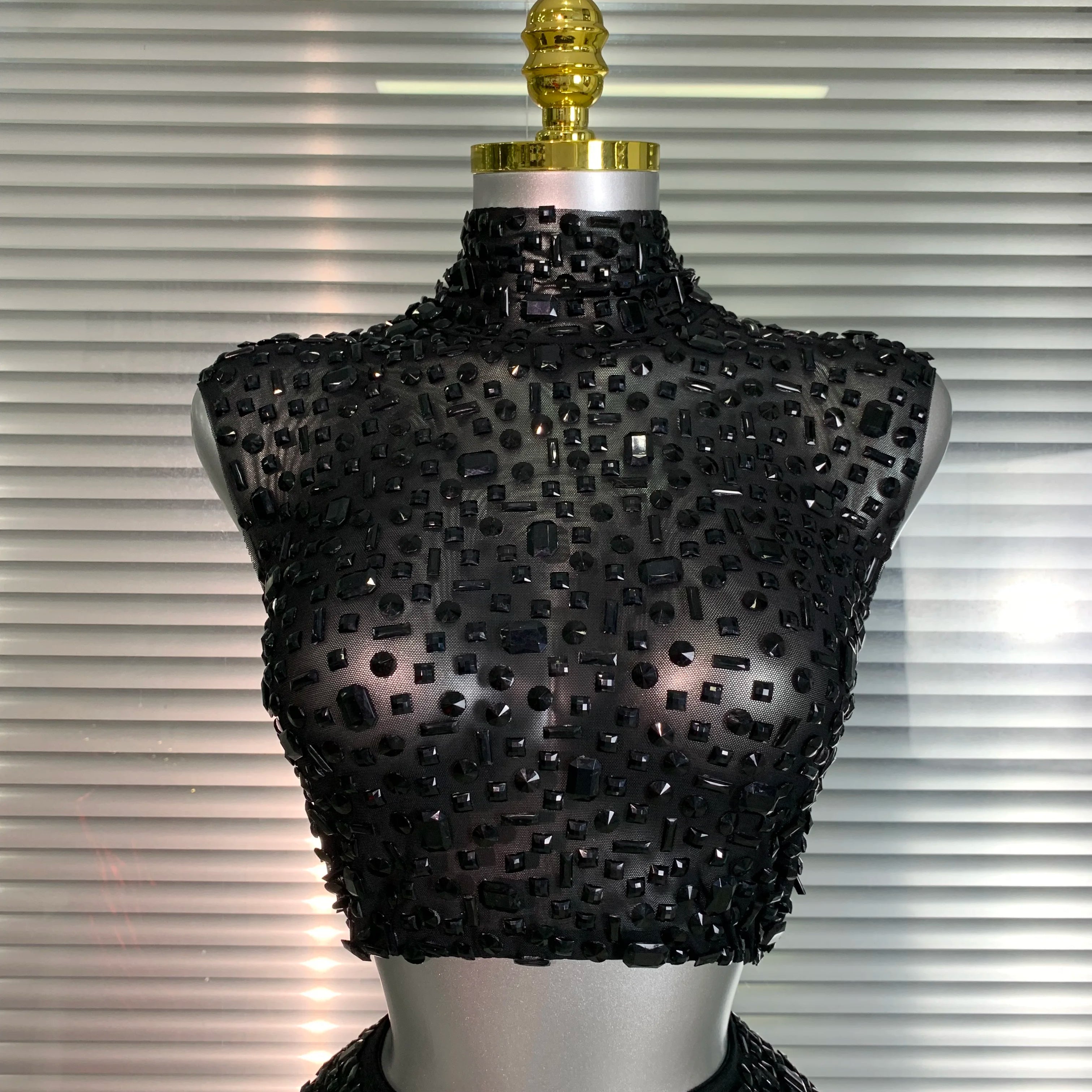 Women Sexy Two Pieces Set Women Black Crystal Diamond Night Club Skirt Suits Singer Dancer See Through Stage Performance Costume