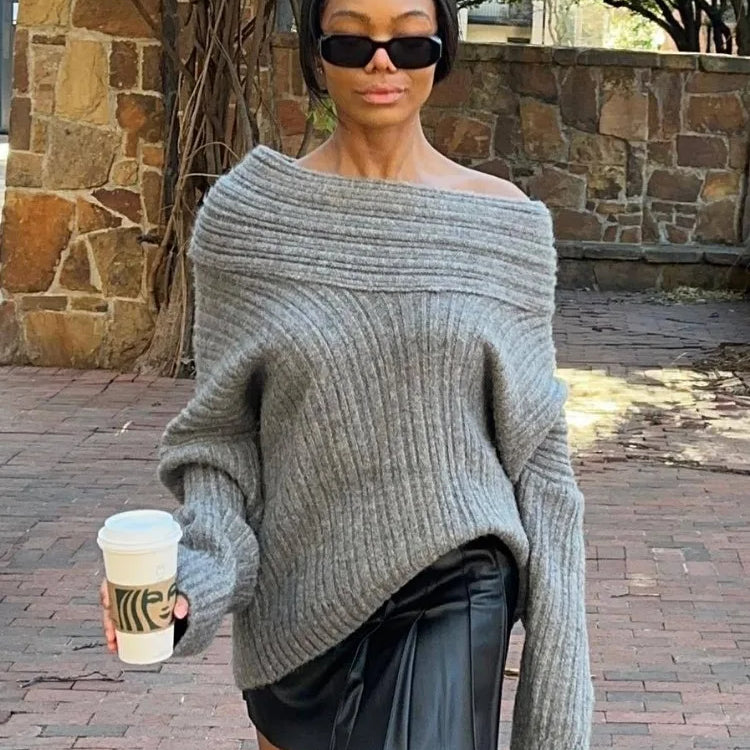 Autumn Oversized Sweater for Women Sexy Slash Neck Knit Pullovers Long Sleeve Women's Sweater Loose-fit Casual Knitwear 2024
