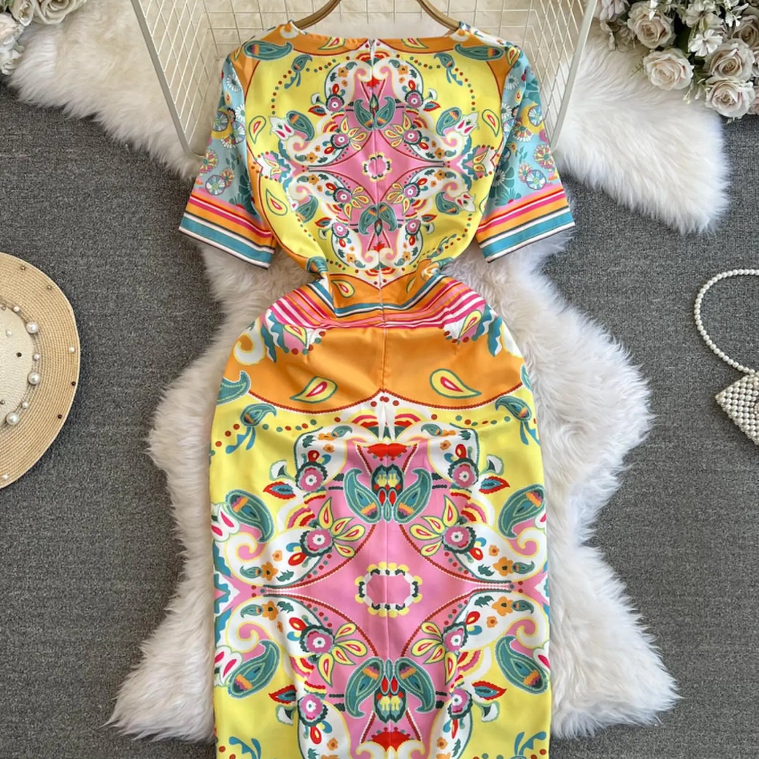 Summer Fashion Designer Dress Women's O-Neck Short Sleeve Floral Print Stripe Vintage Belt Lace Up Irregular Midi Vestidos